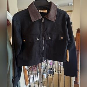 Black Cropped Jacket with Brown Collar